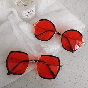 Red lens round and geometric frame sunglasses with gold temples for boys and girls