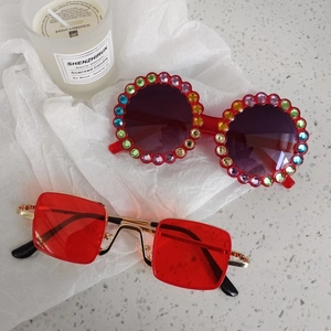 Kids round rhinestone sunglasses and vintage gold metal frame red lens sunglasses
