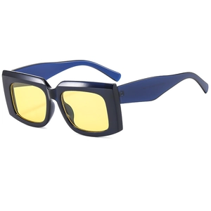 Vintage rectangle sunglasses with dark blue thick frame and yellow lenses at a 45-degree angle