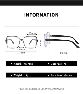 Spécification technique de lunettes carrées dégradé noir gris avec les dimensions