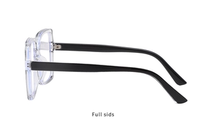 Détail des lunettes à monture carrée noire et transparente avec vue de profil