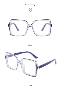 Vues de face et de côté de grandes lunettes carrées bleu transparent anti-lumière bleue
