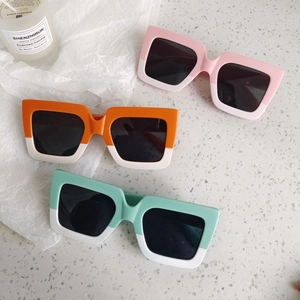 Kids square color-block sunglasses in leopard print pink, orange and mint green colors