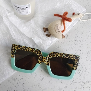 Close-up of leopard print and mint green patchwork oversized square sunglasses