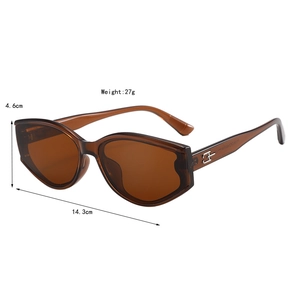 Détail de lunettes de soleil œil-de-chat marron montrant les dimensions 14,3cm par 4,6cm