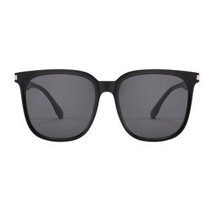 Classic large square black sunglasses with dark grey lenses and silver metal accents