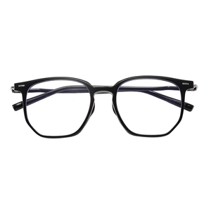 Modern black geometric polygon full-frame glasses with minimalist metallic rivet accents