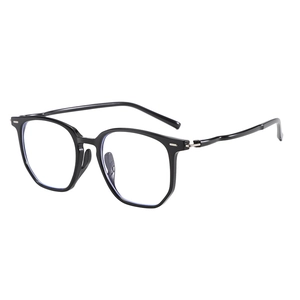 Detail of black full-rim glasses featuring silver metal accents on the temple hinges