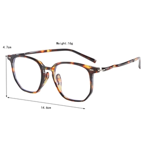 Detail view of tortoiseshell eyeglasses frame featuring a silver hinge and 16g weight