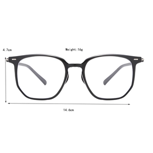 Detailed view of lightweight 16g black full-frame eyeglasses with size dimensions