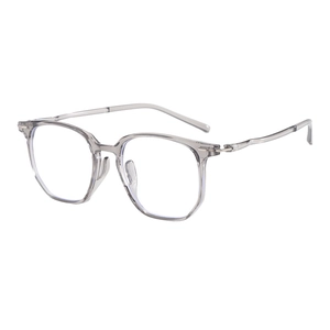 Detail of transparent smoky grey acetate frames with silver metal hinge accents