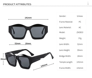 Detailed dimension guide for black irregular polygonal sunglasses with frame measurements