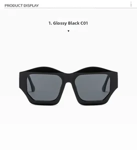 Close-up of chunky geometric black frame and dark grey lenses on stylish sunglasses