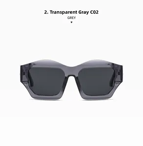 Close-up of transparent grey irregular polygon sunglasses with dark lenses in C02 finish