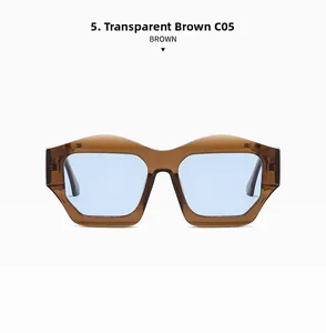 Detail view of irregular brown frames and blue lenses sunglasses with code C05