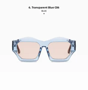 Close-up of geometric transparent blue sunglasses frames with light pink tinted lenses