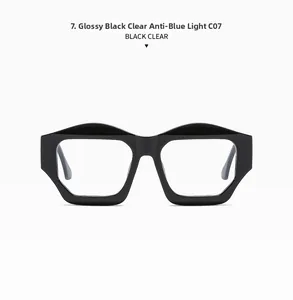 Close-up of thick polygon frame glasses in bright black with anti-blue light lenses