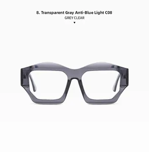 Detail view of irregular grey clear geometric glasses frames with anti-blue light lens