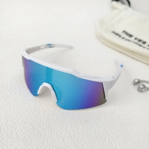 Close-up of kids sports sunglasses with white frame and vibrant mirror lens plus soft pouch