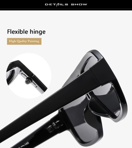Detail of flexible hinge design and high-quality painting on square black sunglasses