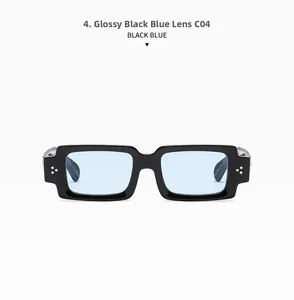 Detail of vintage square black sunglasses with blue lenses and triple metal rivets