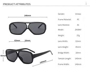 Detailed sizing chart with dimensions and specifications for square double-bridge sunglasses