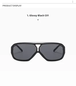 Close-up of bright black double bridge square sunglasses with dark grey lenses