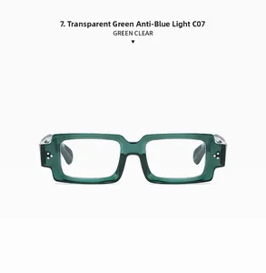 Detail of transparent green rectangular frame with silver rivets and anti-blue light lens