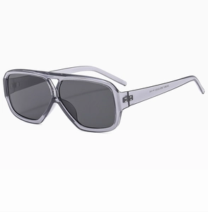 Detail view of transparent grey pilot sunglasses showing double bridge frame and lens specifications