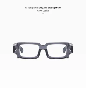 Detail of gray clear square glasses with anti-blue light lens and minimalist frame