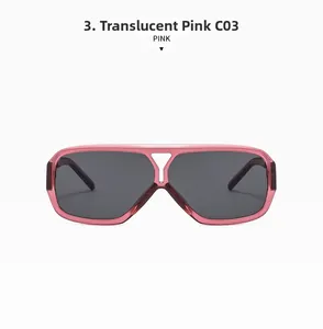 Detail view of transparent pink square sunglasses with grey lenses and C03 color code