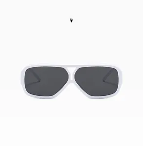 Detail of square double-bridge sunglasses in solid white with dark grey UV lenses