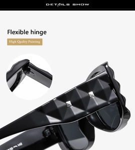 Detail of square sunglasses showing checkered texture temple with metal rivet and flexible hinge