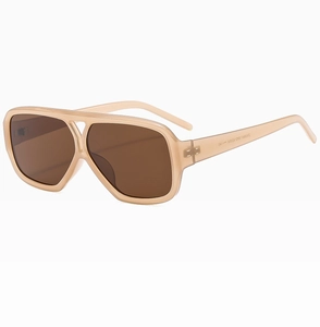 Detail view of double-bridge square sunglasses with specs on the translucent inner temple