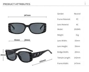 Detailed sizing chart and technical specifications for square patterned sunglasses