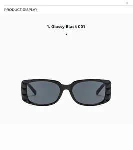 Detailed close-up of glossy black square sunglasses featuring embossed grid textured temples