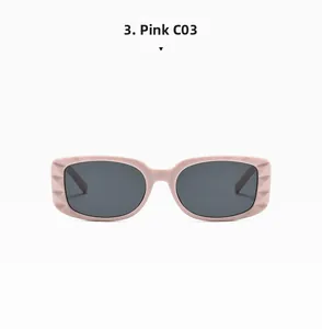 Close-up of pink square sunglasses featuring a stylish lattice texture on the side frames