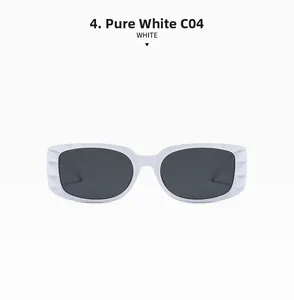 Detailed front view of white rectangular sunglasses with grey lenses and geometric frames