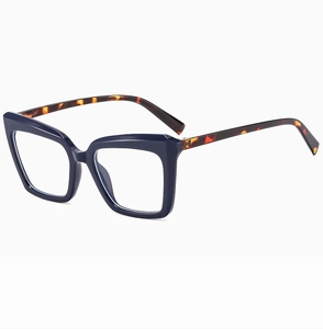Detail view of large cat-eye glasses with blue frames and tortoiseshell temples