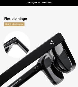 Detail of flexible hinge on square black sunglasses with high quality polished finish