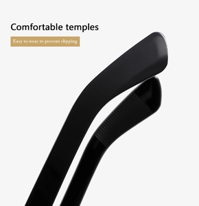 Macro detail of ergonomic black sunglass temple tips with anti-slip texture for comfort