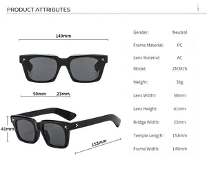 Detailed size chart for square frame sunglasses showing frame and lens dimensions