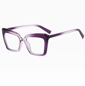 Detail view of purple gradient oversized square glasses frame with clear temple markings