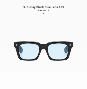 Detail of square black frame sunglasses with blue lenses and metal T-shape accents