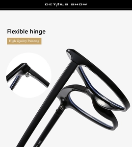 Detail view of high quality flexible spring hinges and glossy black eyeglass frame finish