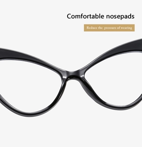 Detail of integrated nose pads on black cat-eye glasses for pressure-free comfort