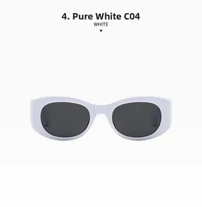Detailed front view of retro white oval sunglasses with thick frames and dark lenses