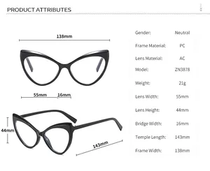 Detailed size chart for Y2K cat-eye blue light blocking glasses with exact dimensions