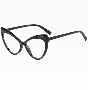 Close-up of glossy black butterfly cat-eye frame glasses with anti-blue light lenses