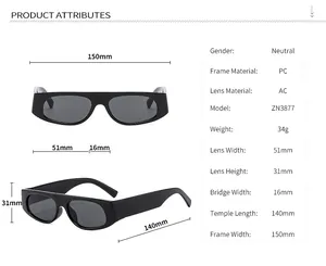 Size chart for retro black rectangle sunglasses showing frame dimensions and PC material